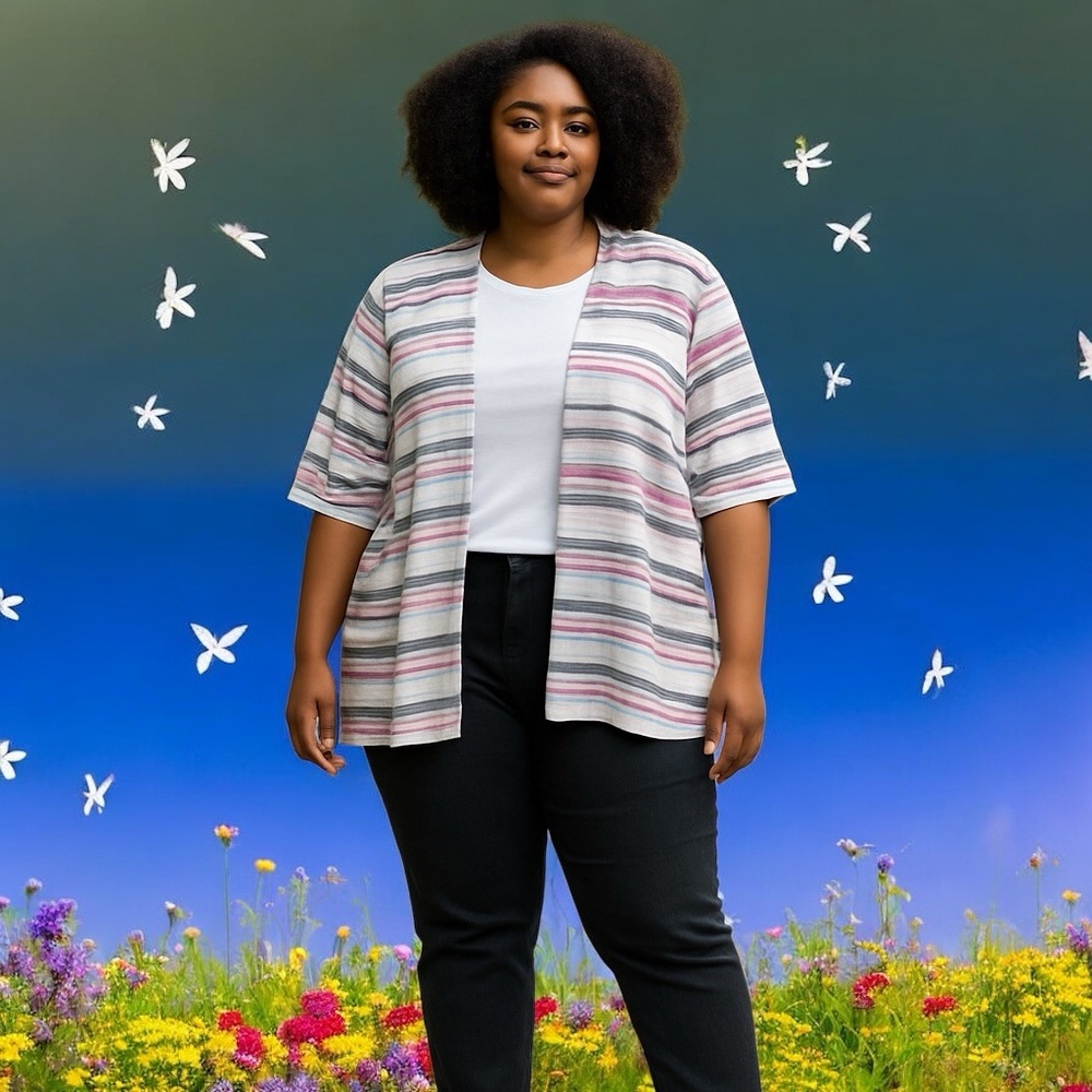 Striped Open-Front Cardigan Lagenlook Torrid pink, black size 1X layer